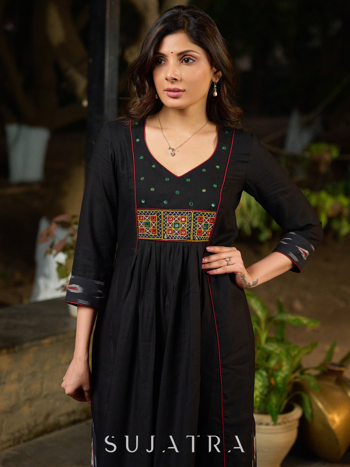 Dussehra Sale — Black Rayon Panel Kurta with Ikat Accents in Sleeves and Flare, Embellished with Delicate Mirrors