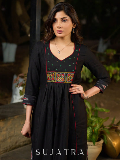 Dussehra Sale — Black Rayon Panel Kurta with Ikat Accents in Sleeves and Flare, Embellished with Delicate Mirrors