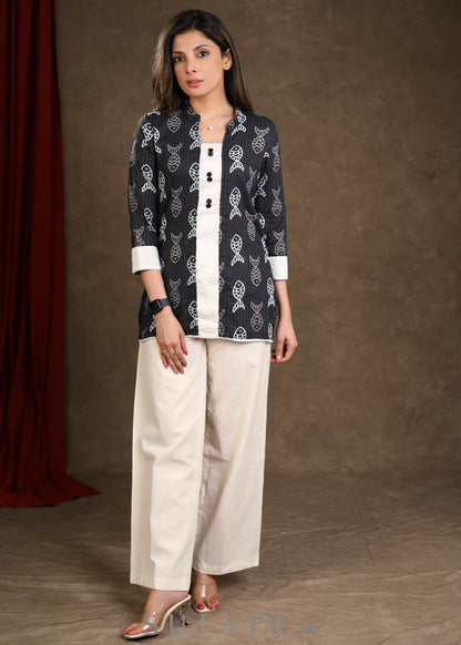 Black Fish Katha Printed Cotton Top