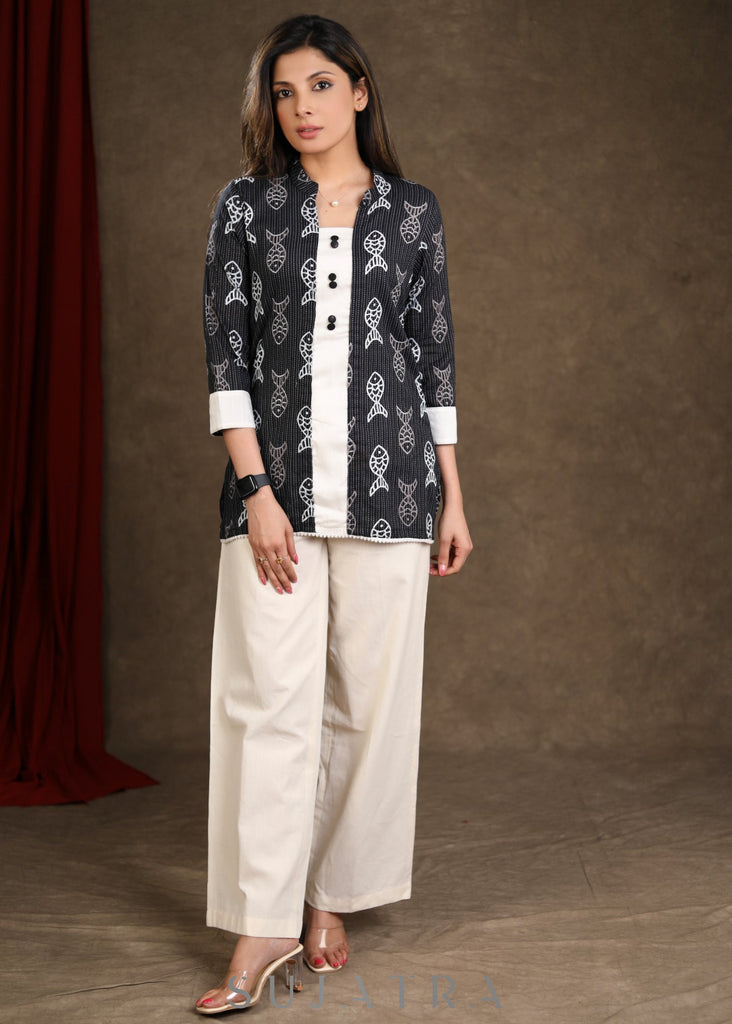 Black Fish Katha Printed Cotton Top