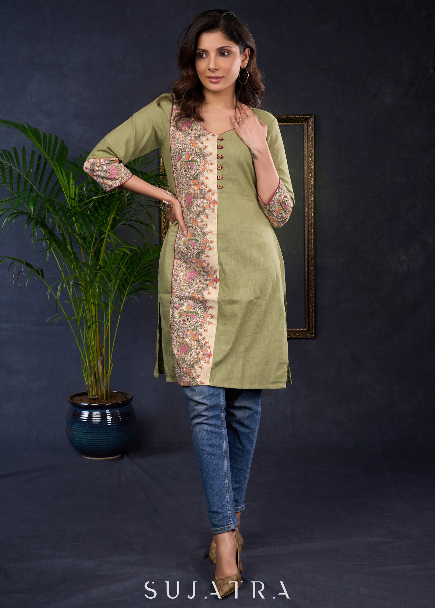 Pista Cotton Tunic Featuring Vibrant Madhubani Prints