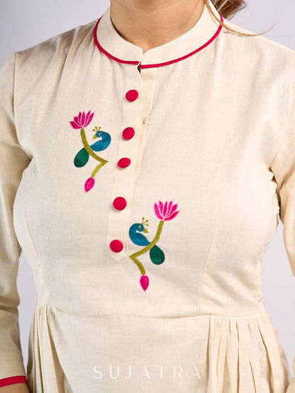 Classic Off White Cotton Gathered Top with Traditional Pichwai Hand Embroidery