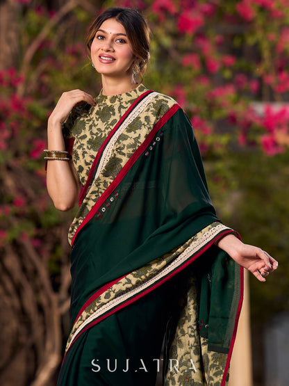 Chic Dark Green Silk Saree with Natural Floral Print Border