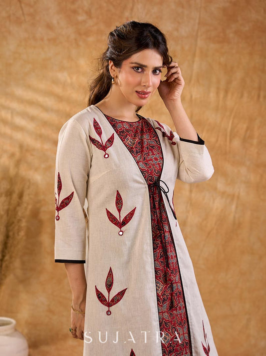 Timeless Off White Cotton Open Front Long Jacket with Ajrakh Applique and Tassel Detail