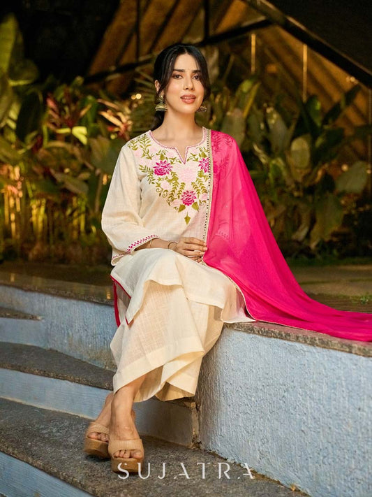 Graceful White Cotton Kurta Adorned with Striking Kashida Embroidery
