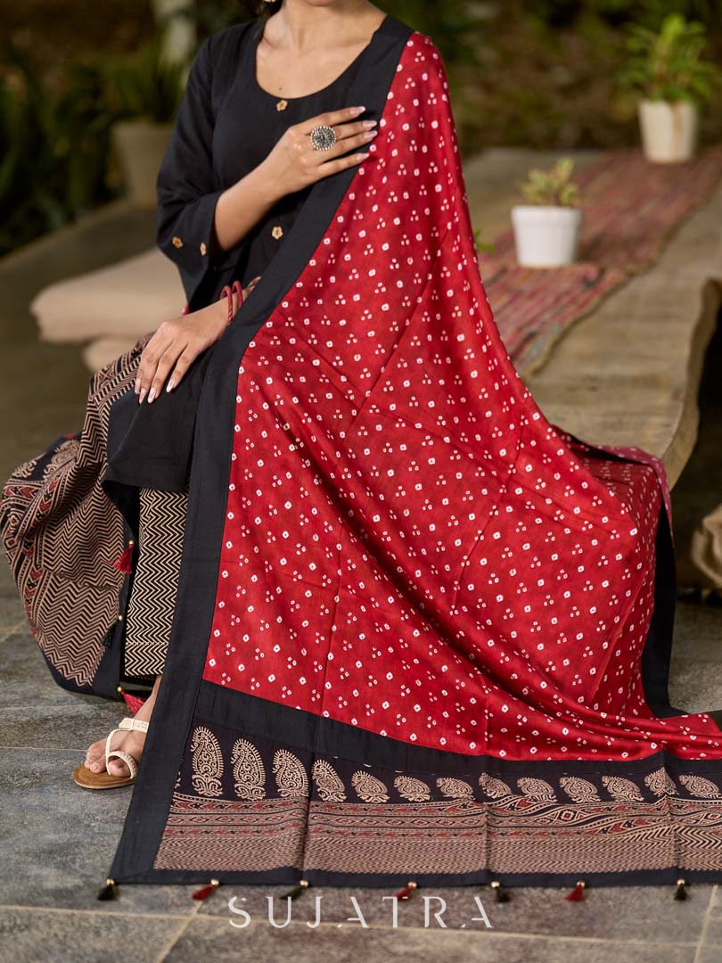 Elegant Maroon Bandhani Dupatta with Traditional Ajrakh Printed Border