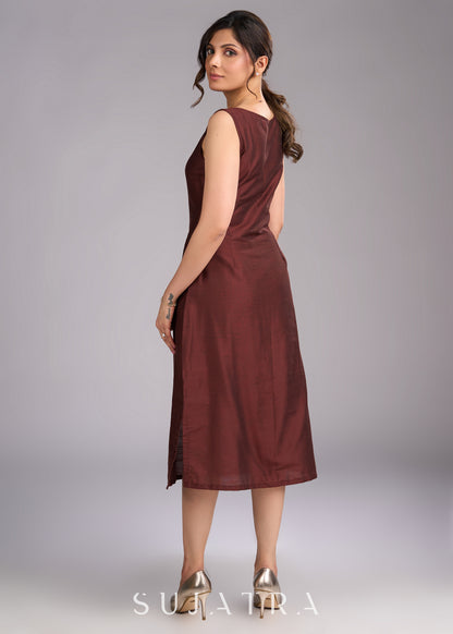 Brown Beauty Sleeveless Cotton Silk Dress with Side Slit - Brocade blazer  optional
