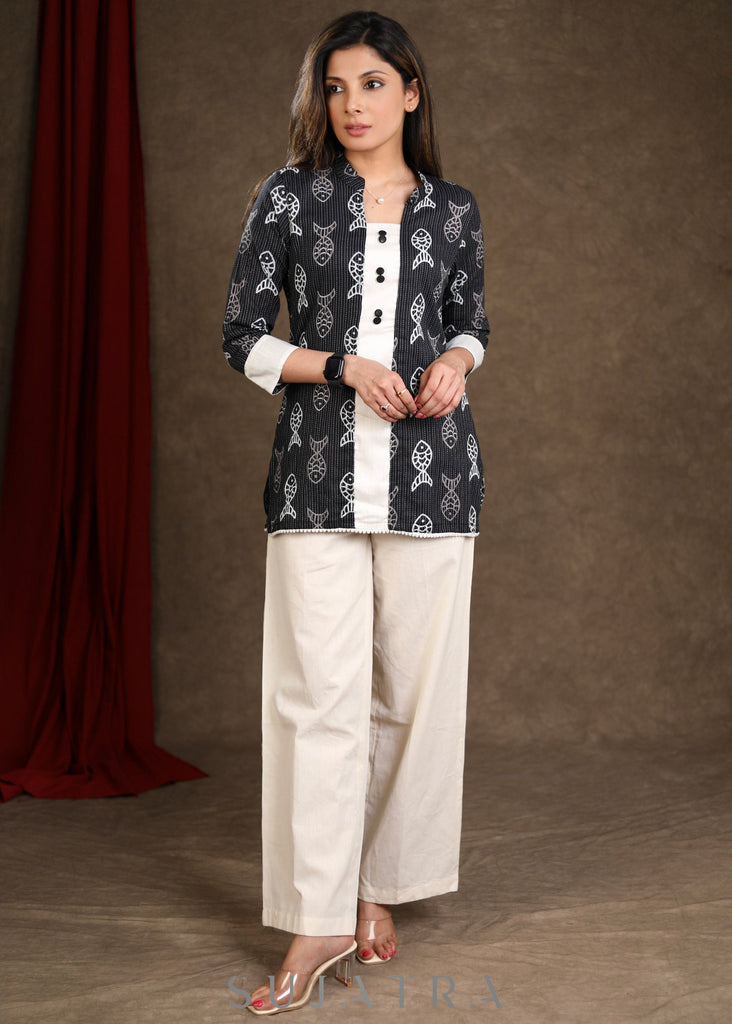 Black Fish Katha Printed Cotton Top