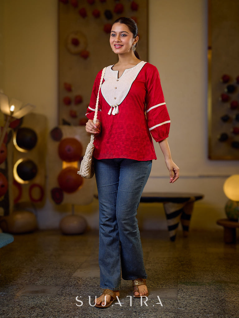 Regal Red Jacquard Woven Cotton Top with Traditional Kantha Striped Yoke Detail