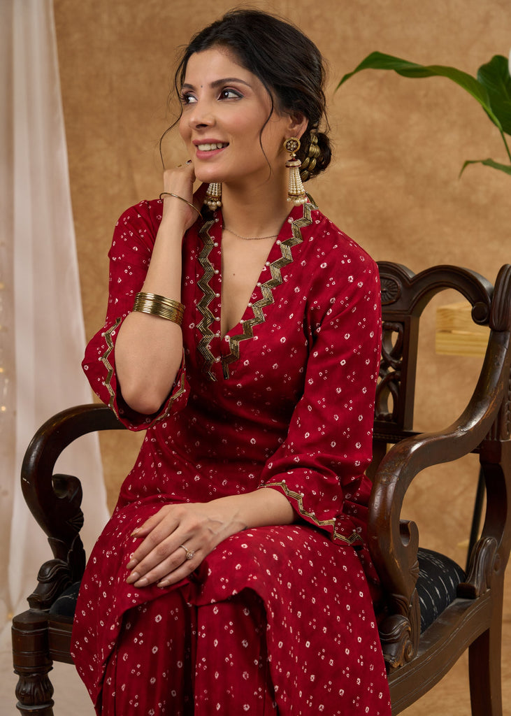 Intricately hand embroidered bandhani printed kurta Pant optional