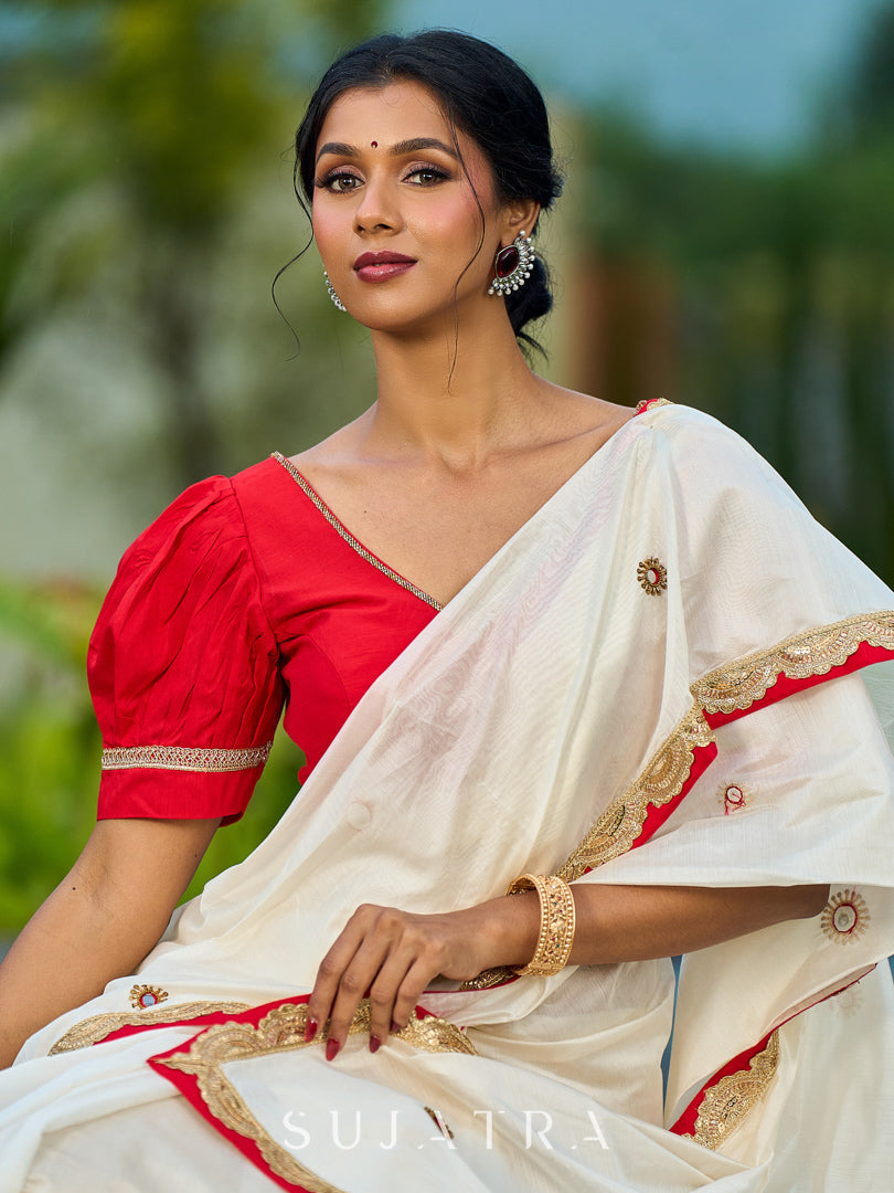 Traditional Ivory Chanderi Saree with Red-Gold Scalloped Border & Hand Embroidered Pallu