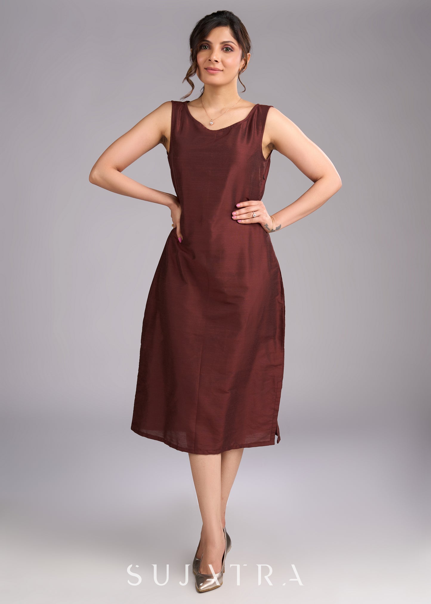 Brown Beauty Sleeveless Cotton Silk Dress with Side Slit - Brocade blazer  optional