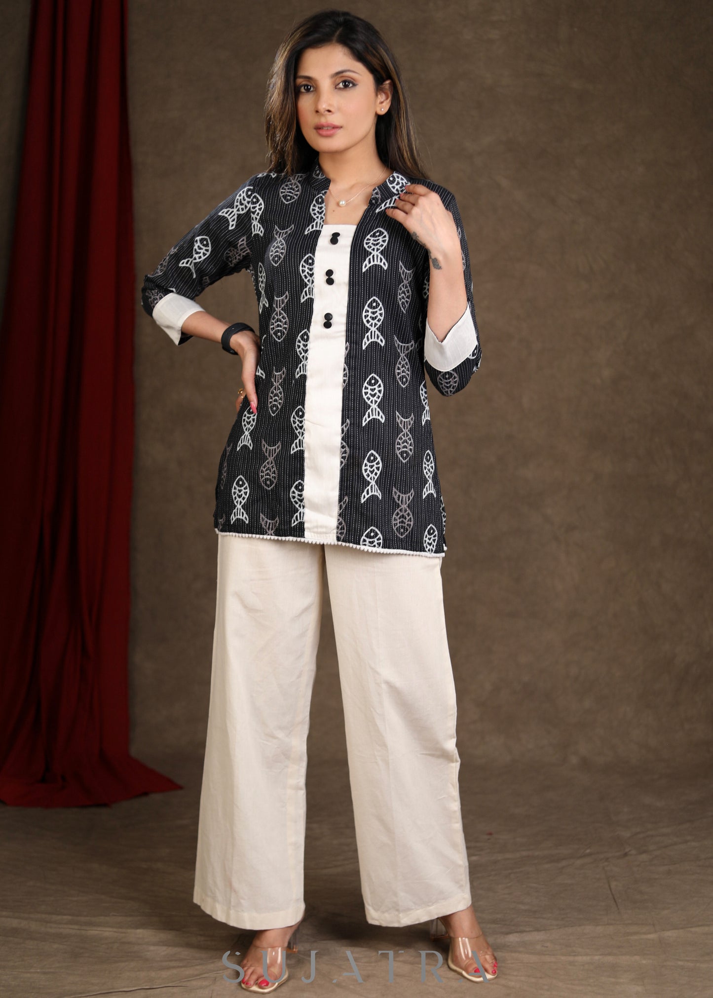 Black Fish Katha Printed Cotton Top