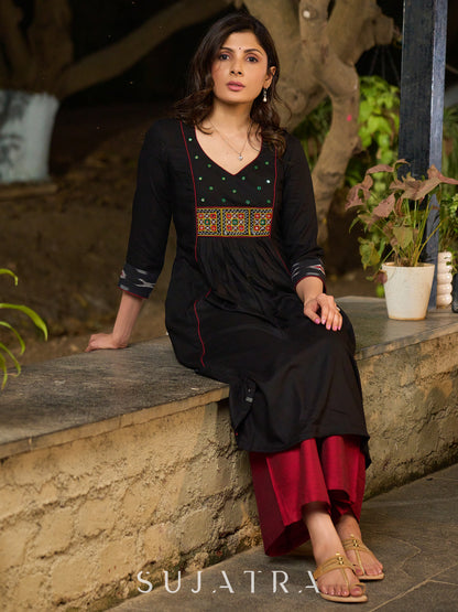 Dussehra Sale — Black Rayon Panel Kurta with Ikat Accents in Sleeves and Flare, Embellished with Delicate Mirrors