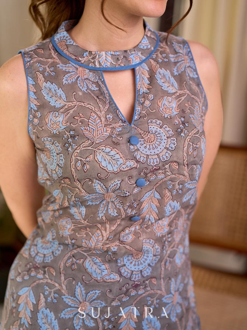 Misty Grey-Blue Floral Hand Block Print Mul Cotton Kurta with Halter Neck and Lace Hem Border