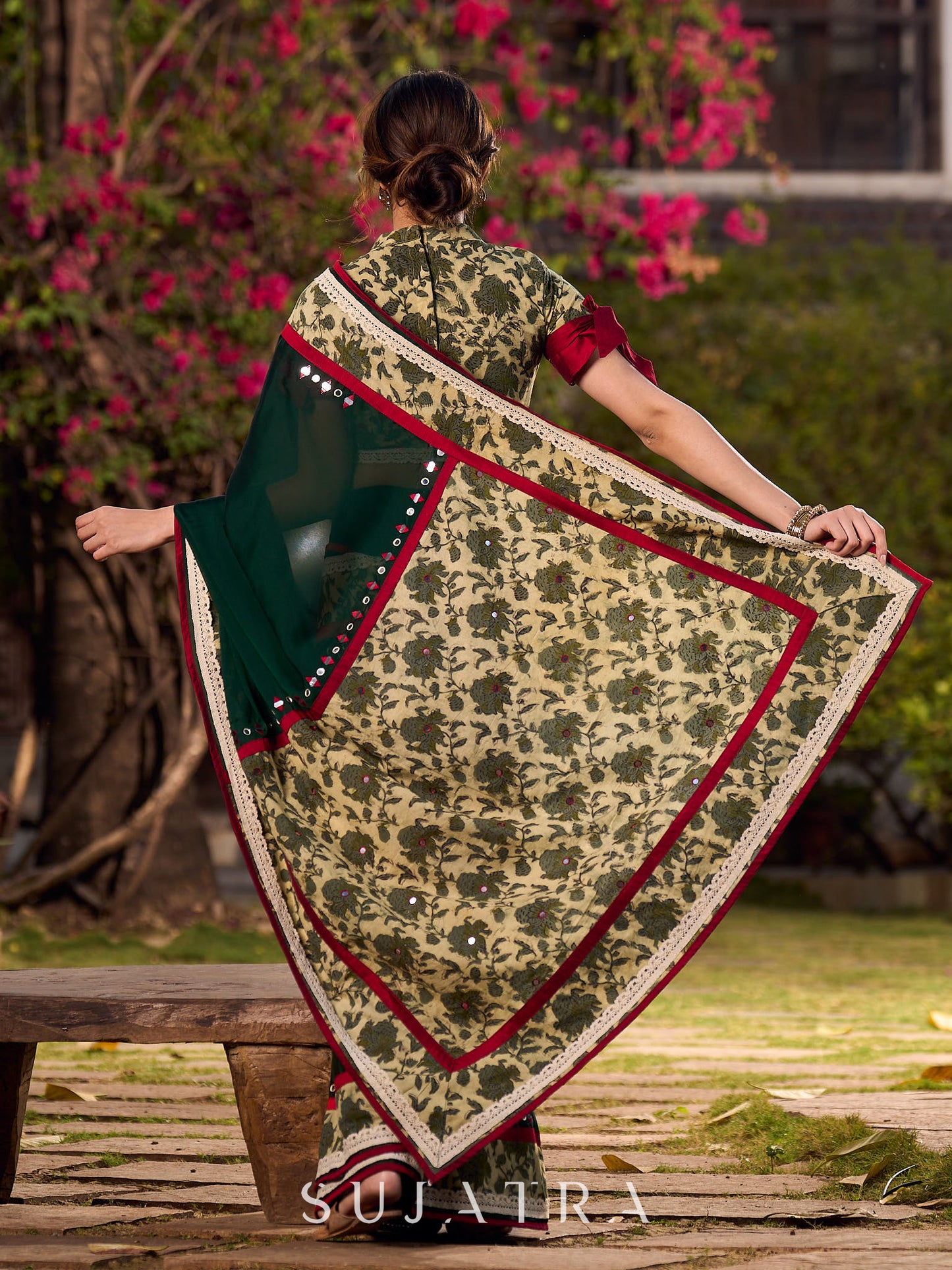 Chic Dark Green Silk Saree with Natural Floral Print Border