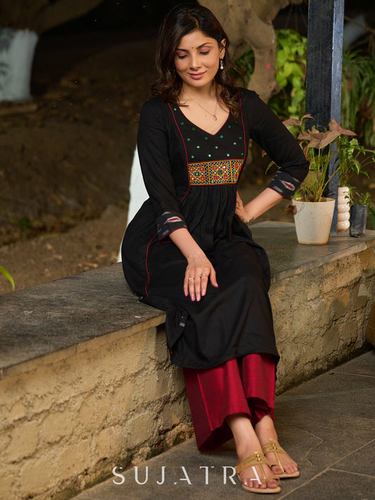 Dussehra Sale — Black Rayon Panel Kurta with Ikat Accents in Sleeves and Flare, Embellished with Delicate Mirrors
