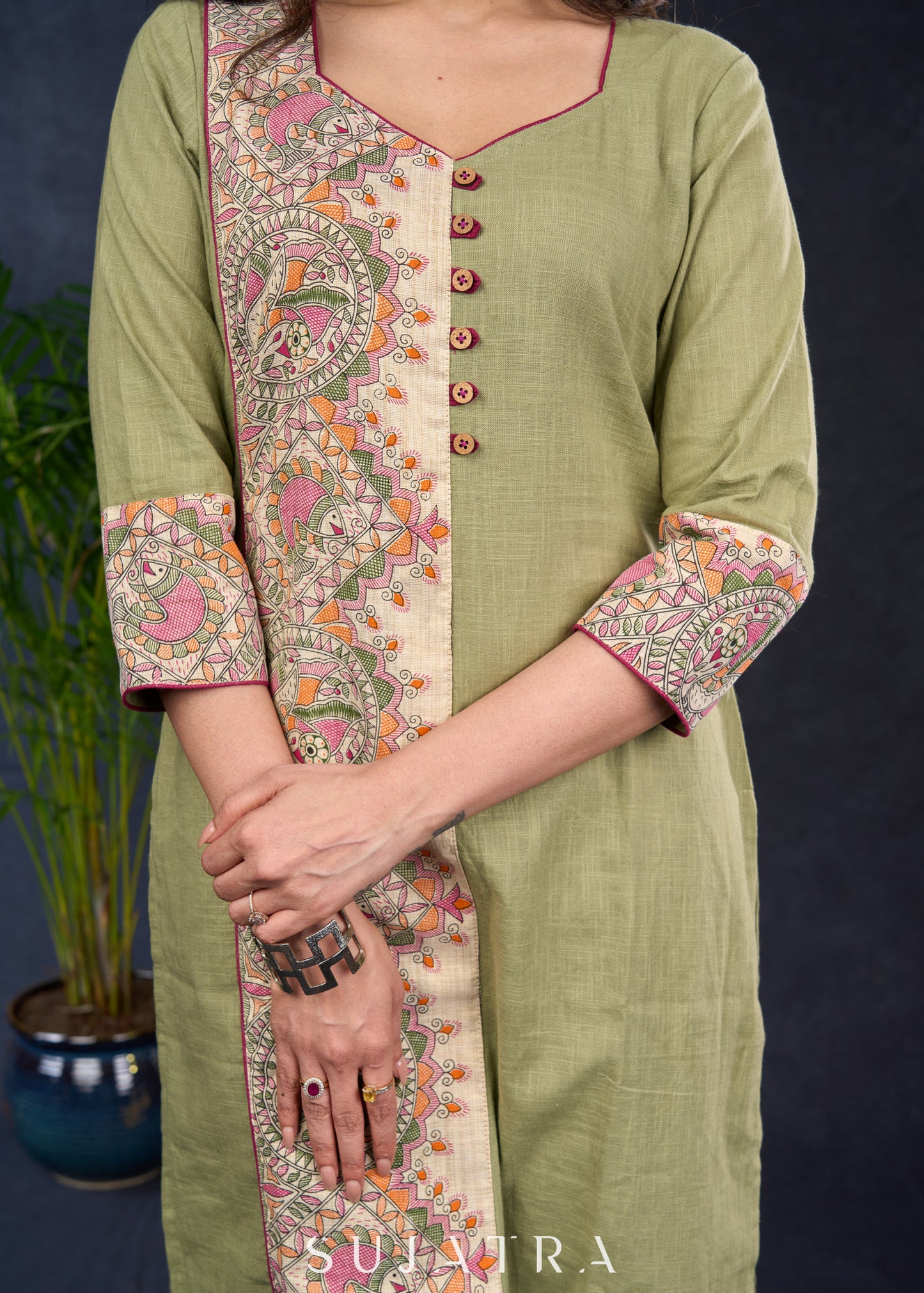 Pista Cotton Tunic Featuring Vibrant Madhubani Prints
