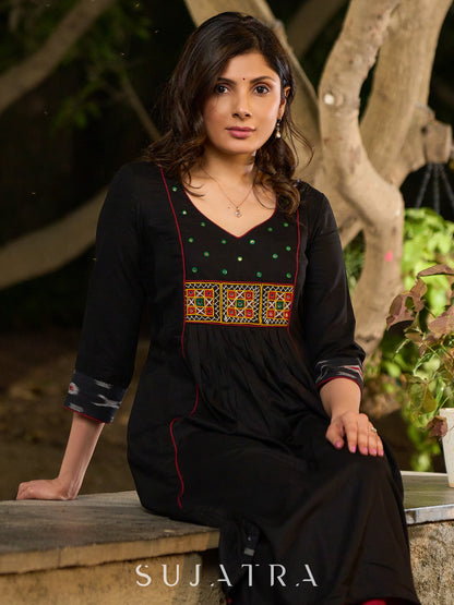 Dussehra Sale — Black Rayon Panel Kurta with Ikat Accents in Sleeves and Flare, Embellished with Delicate Mirrors