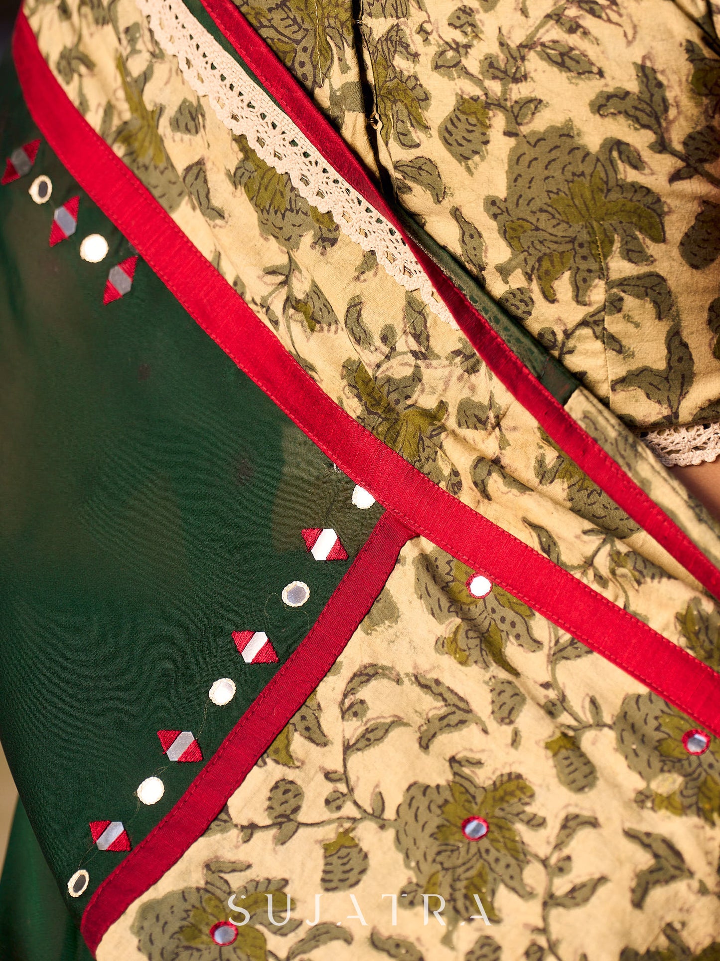 Lustrous Dark Green Silk Saree with Natural Floral Print Border