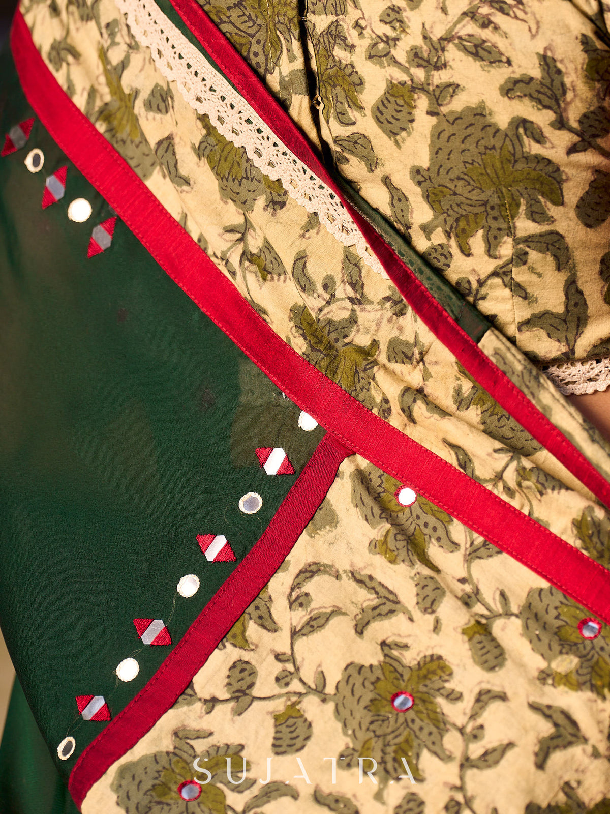 Lustrous Dark Green Silk Saree with Natural Floral Print Border - Blouse Optional