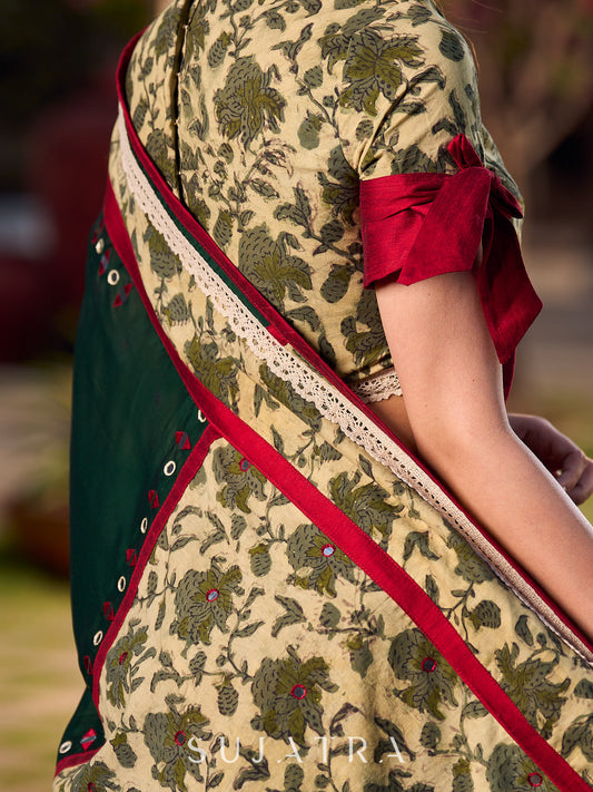 Classic Cream Floral Print Blouse with Statement Red Tie-up Sleeves