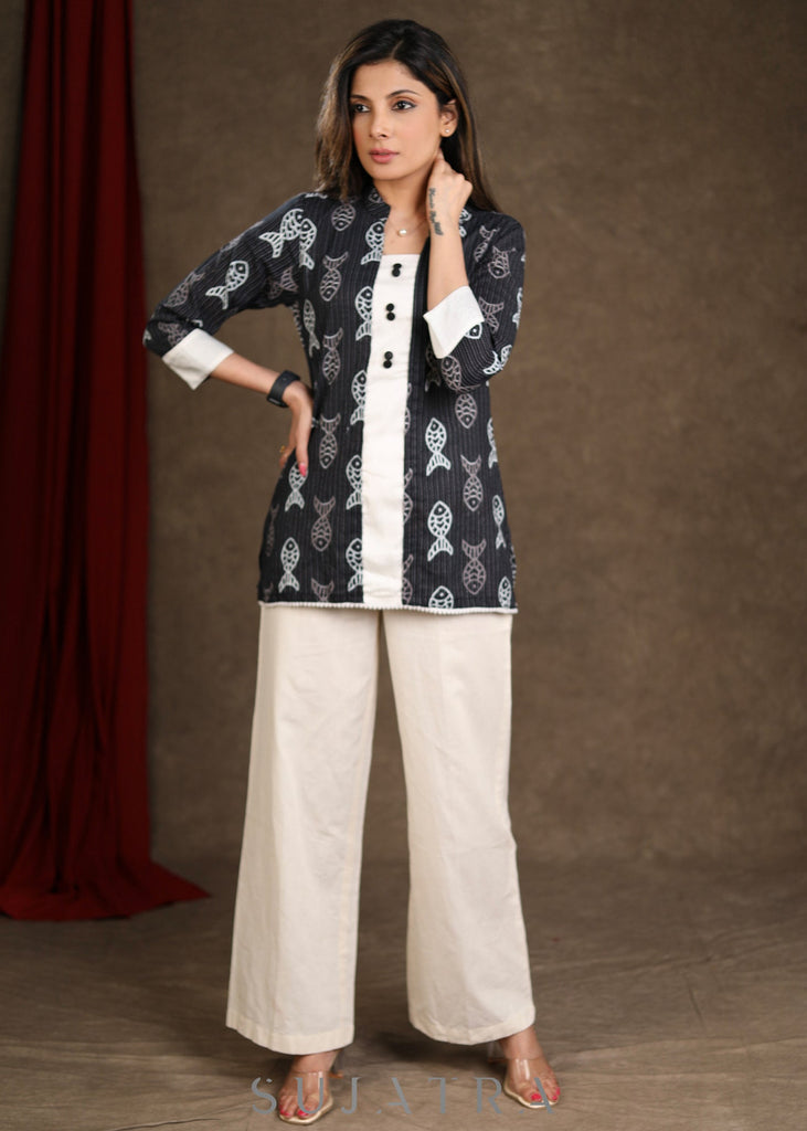Black Fish Katha Printed Cotton Top