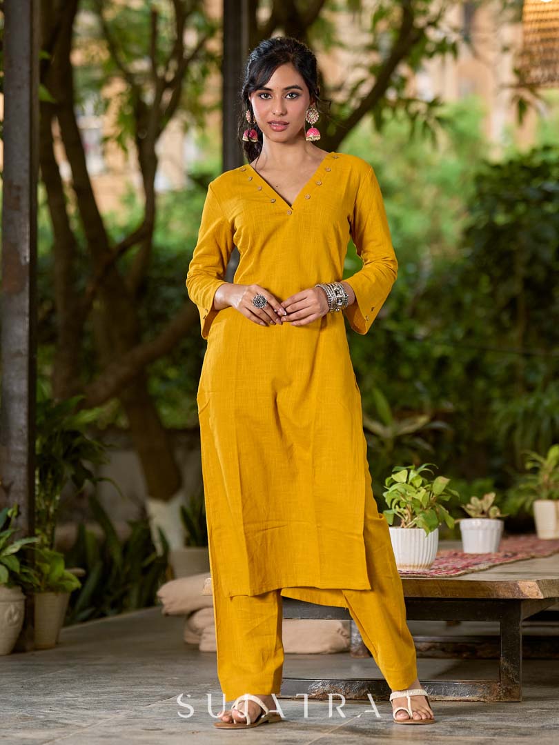 Mustard Cotton Kurta with V-Neck and Button Detailing