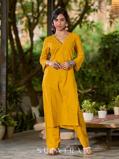 Mustard Cotton Kurta with V-Neck and Button Detailing