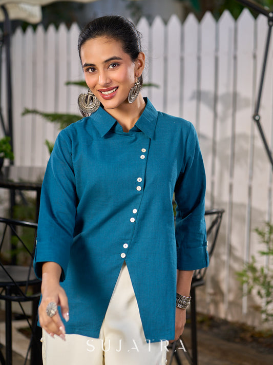 Teal Blue Cotton Shirt With Contemporary Asymmetrical Cut