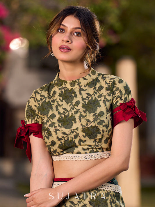 Classic Cream Floral Print Blouse with Statement Red Tie-up Sleeves