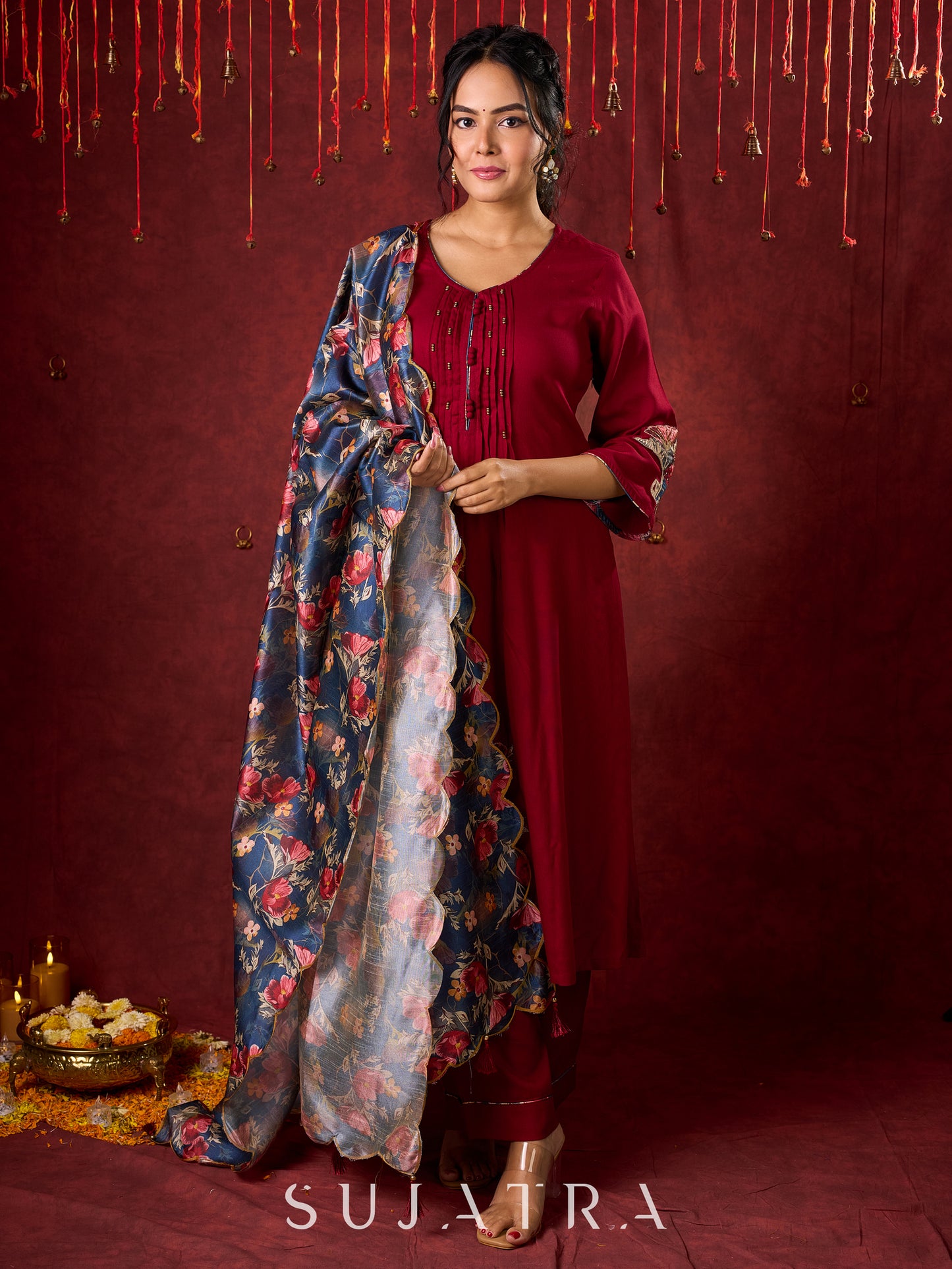 Elegant kurta in soft maroon rayon with handcrafted appliqué detailing  - pant and dupatta optional
