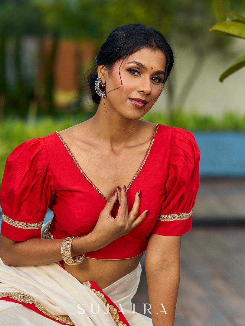 Traditional Ivory Chanderi Saree with Red-Gold Scalloped Border & Hand Embroidered Pallu