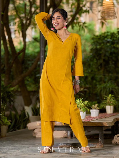 Bright Mustard Cotton Kurta with Classic V Neckline