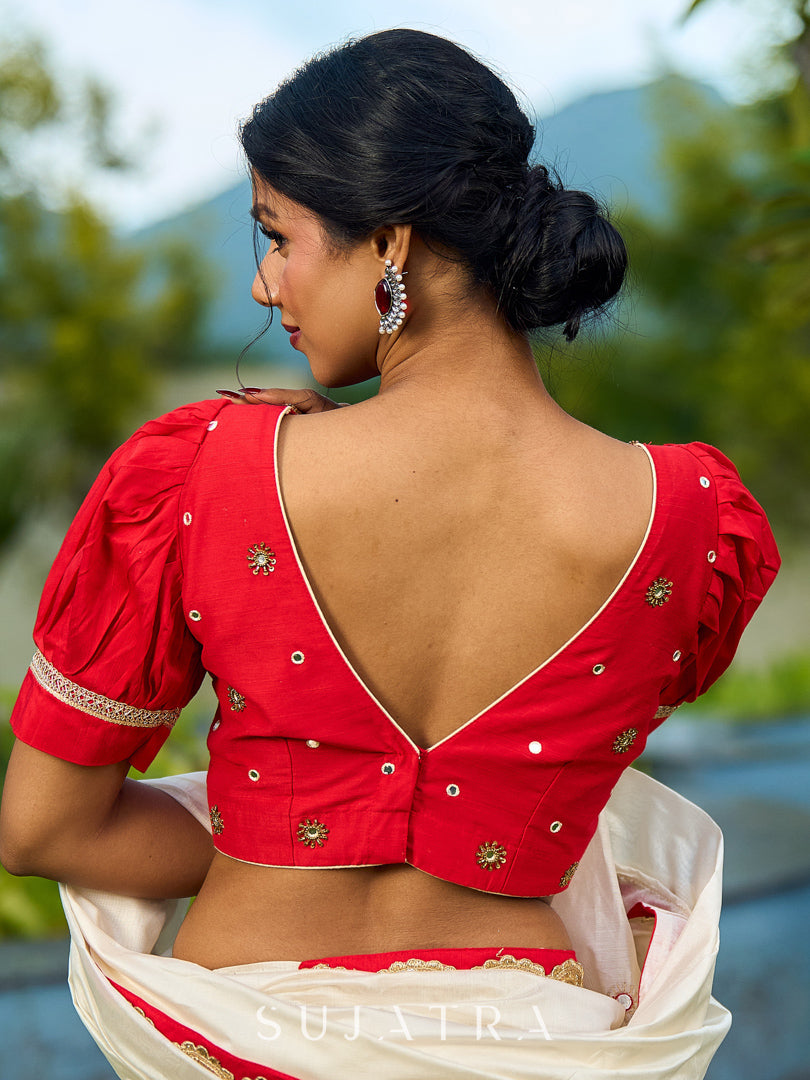Traditional Ivory Chanderi Saree with Red-Gold Scalloped Border & Hand Embroidered Pallu