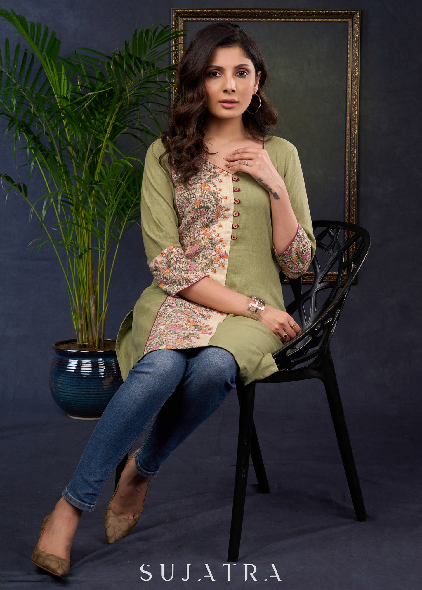 Pista Cotton Tunic Featuring Vibrant Madhubani Prints
