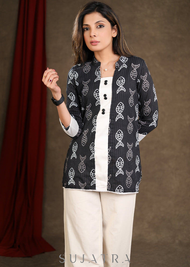 Black Fish Katha Printed Cotton Top