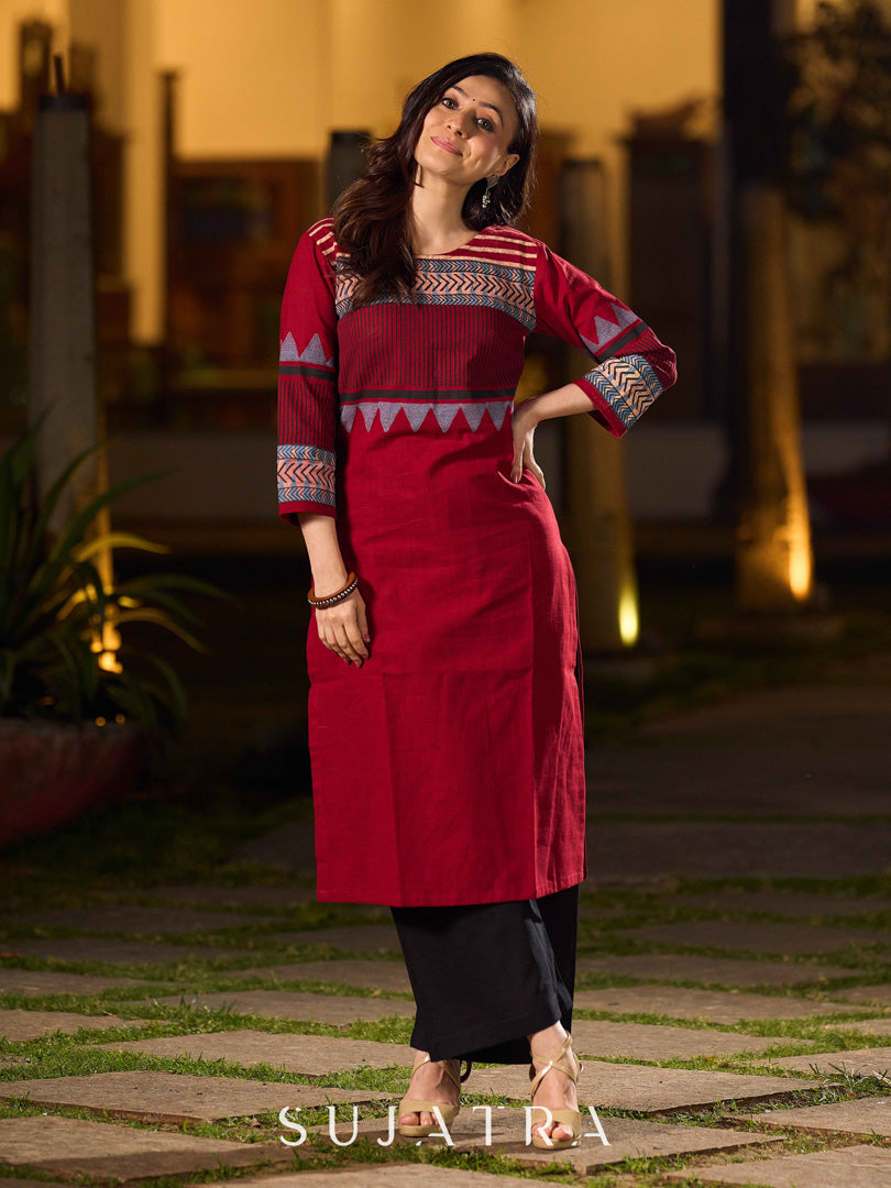 Timeless Maroon Cotton Hand Block Printed Kurta with Geometric Patterns And Structured Silhouette