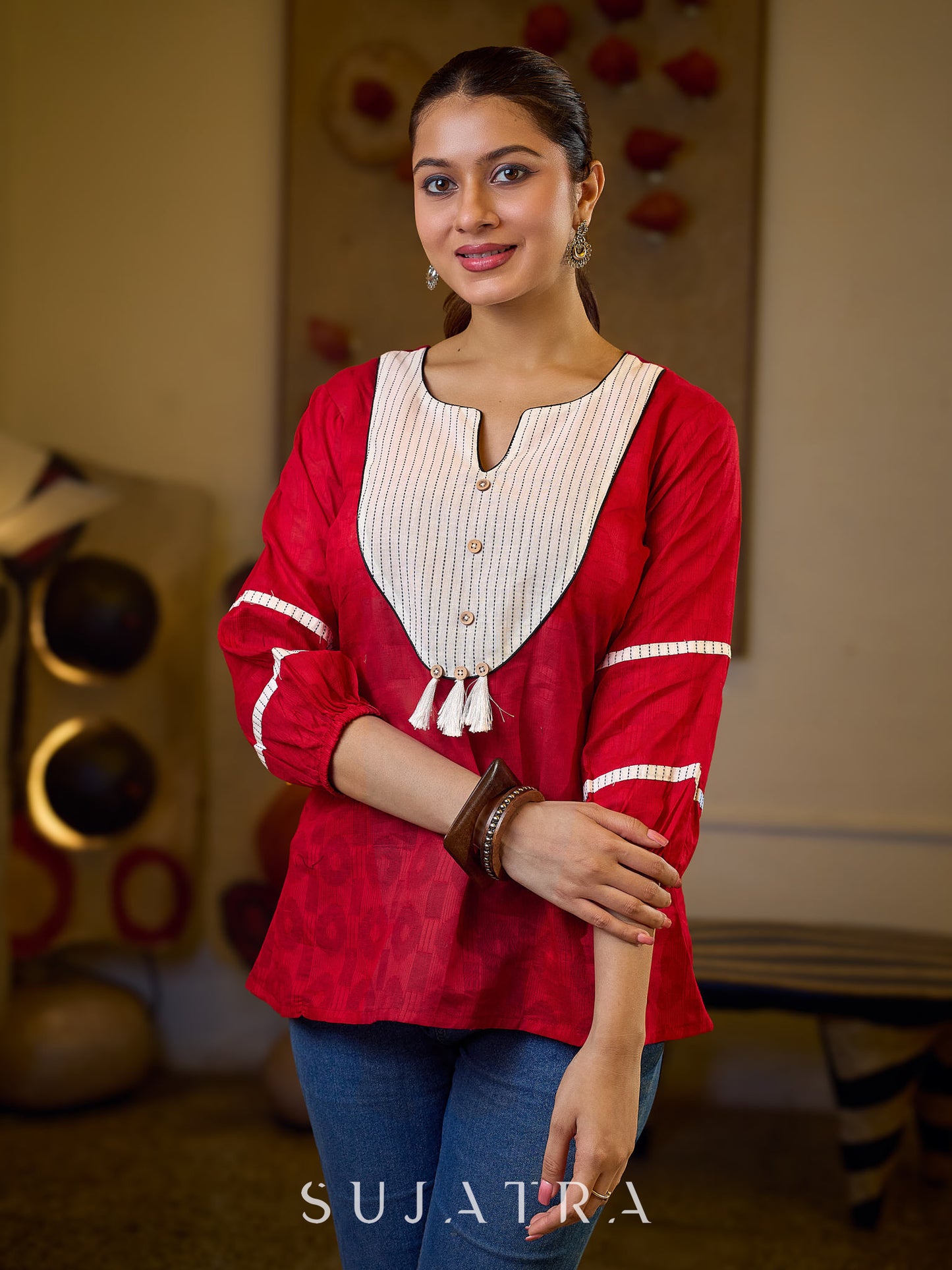 Regal Red Jacquard Woven Cotton Top with Traditional Kantha Striped Yoke Detail