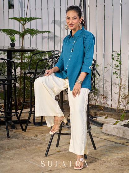 Teal Blue Cotton Shirt With Contemporary Asymmetrical Cut