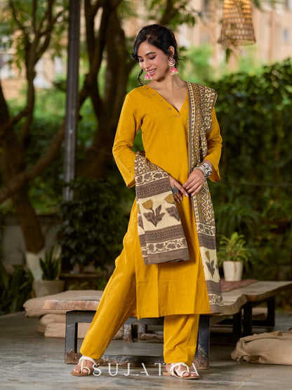 Bright Mustard Cotton Kurta with Classic V Neckline