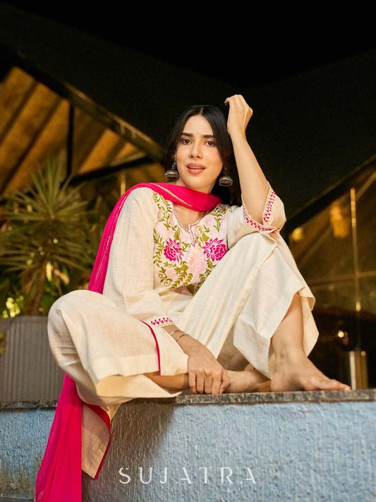 Graceful White Cotton Kurta Adorned with Striking Kashida Embroidery