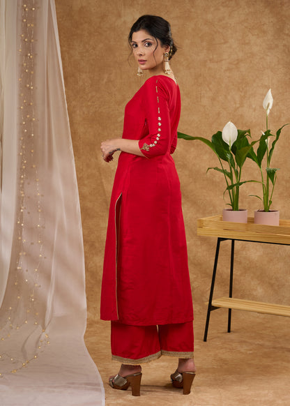 Stunning red cotton silk kurta adorned with intricate hand embroidery Pant optional