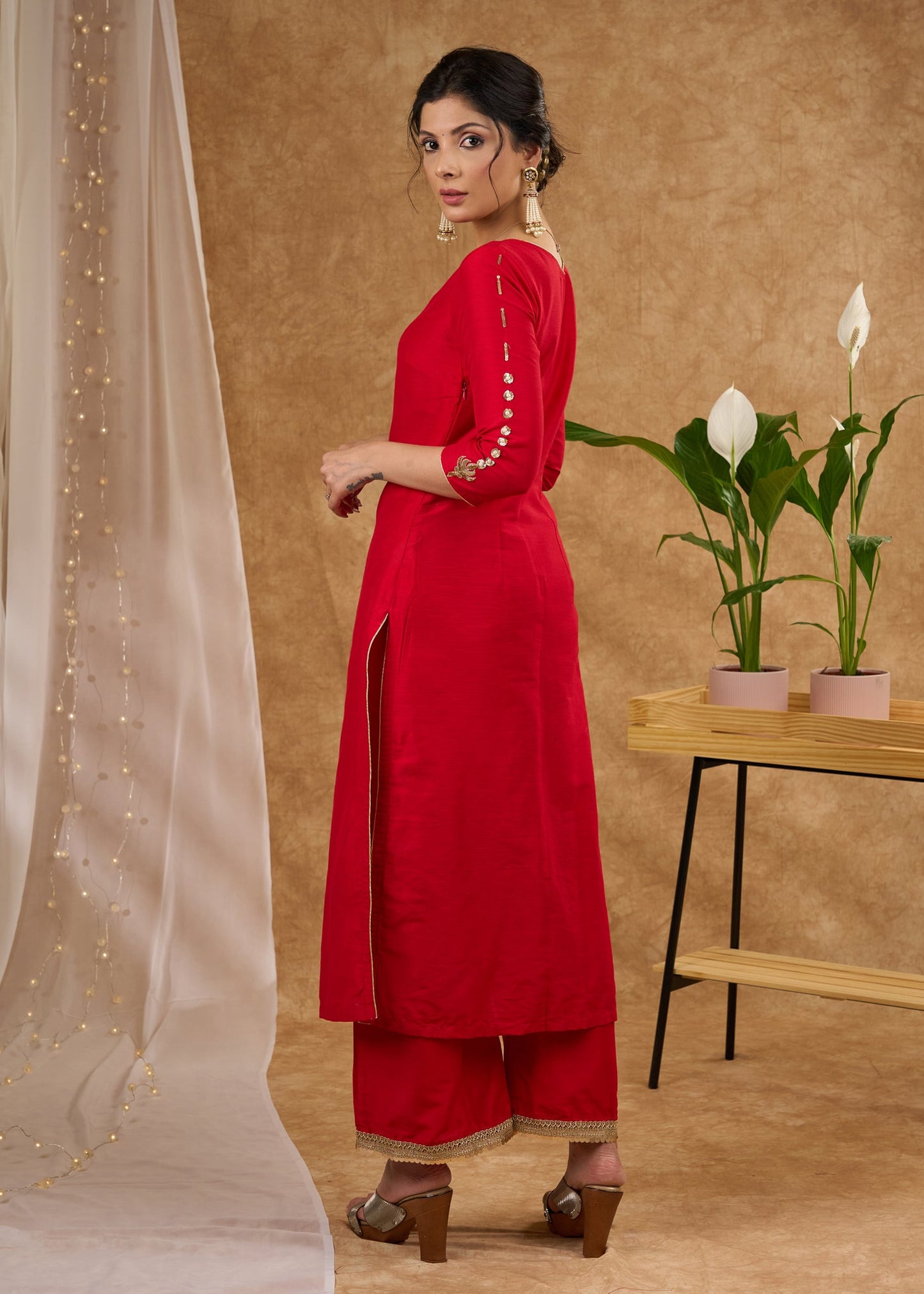Red Cotton Silk Pant