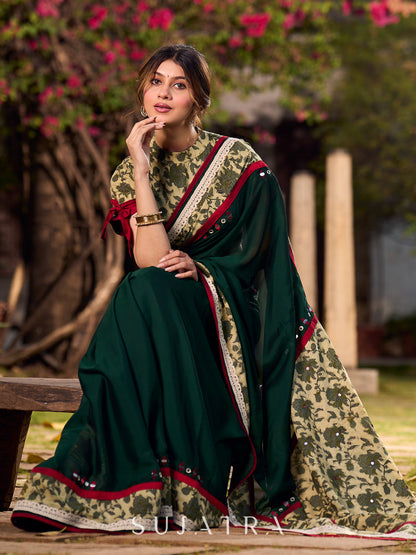 Chic Dark Green Silk Saree with Natural Floral Print Border