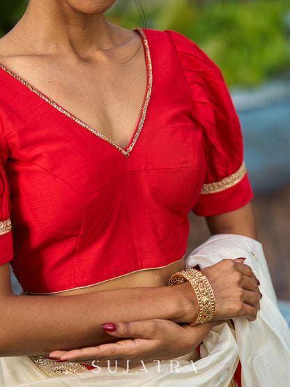 Traditional Ivory Chanderi Saree with Red-Gold Scalloped Border & Hand Embroidered Pallu