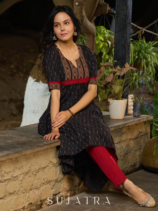Black Ikat Weave Kurta Featuring Artisan Ajrakh Yoke