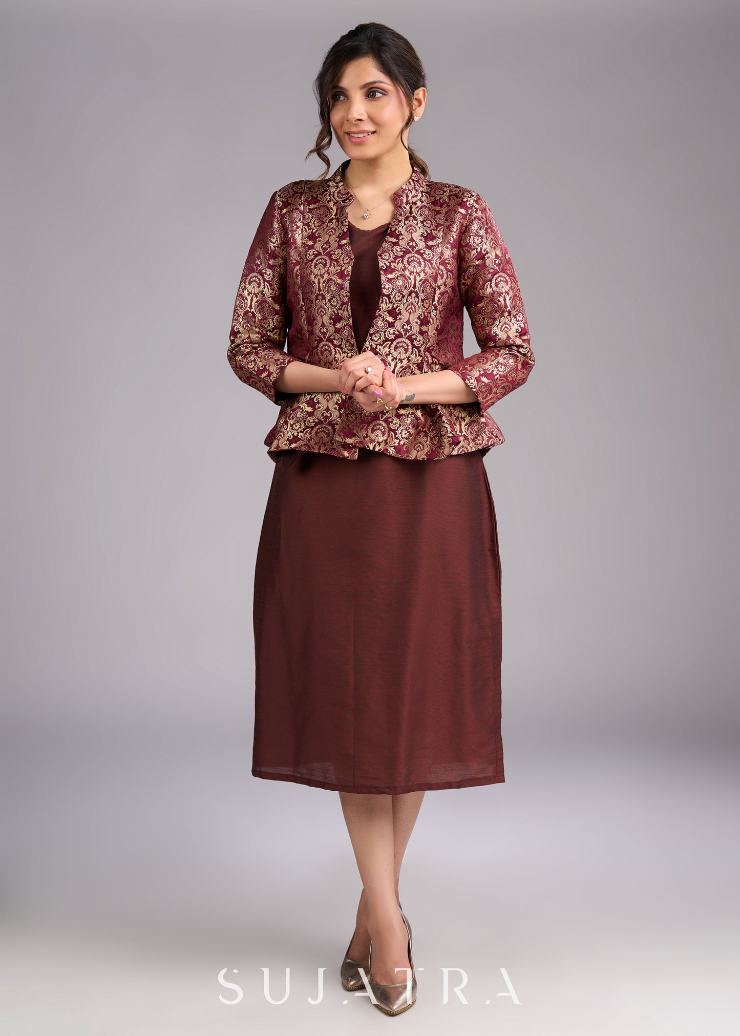 Regal Brown Brocade Peplum Blazer Jacket - Dress optional