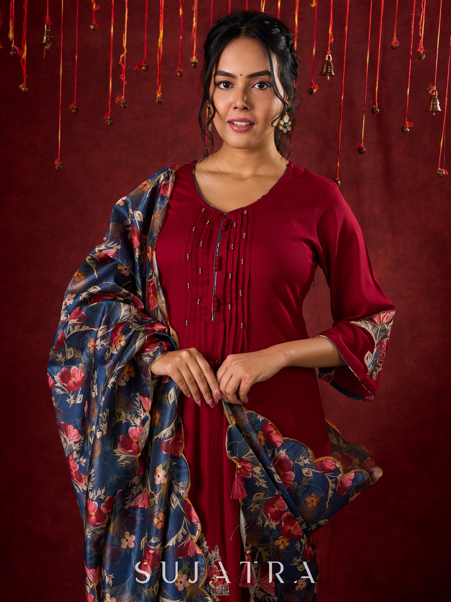 Elegant kurta in soft maroon rayon with handcrafted appliqué detailing  - pant and dupatta optional