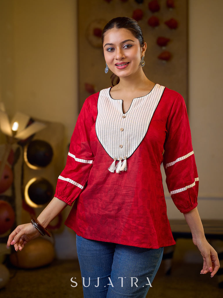 Regal Red Jacquard Woven Cotton Top with Traditional Kantha Striped Yoke Detail